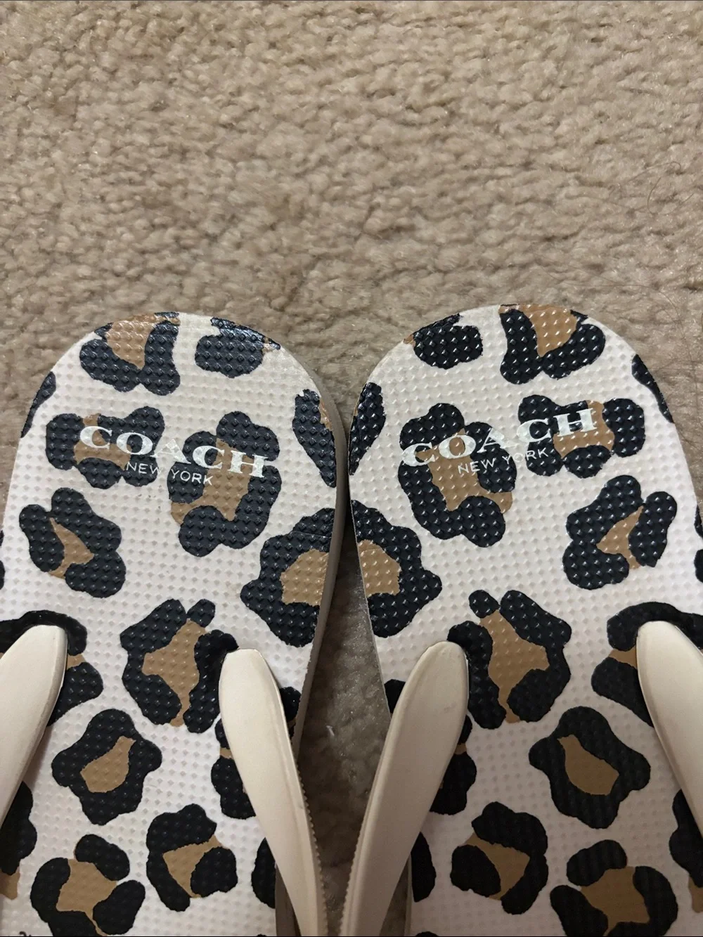 Coach Leopard-Print Flip Flops with Cream Straps